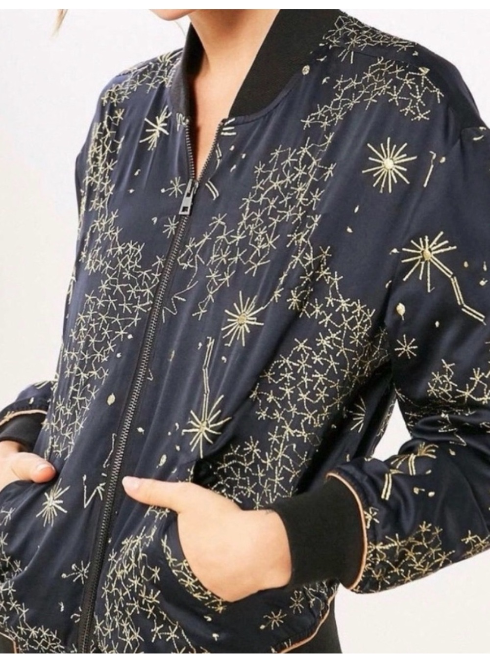 UO Silent + Noise Livia Celestial Embroidered Navy Bomber Jacket M